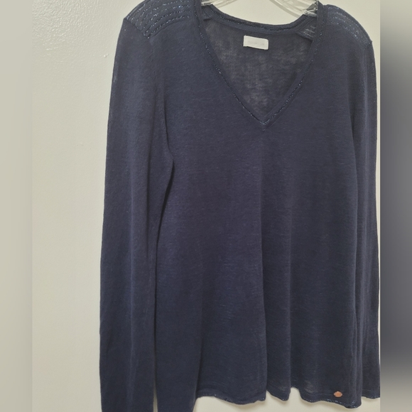 Harris Wilson Navy Blue Linen Knit V-neck Sweater Size Large Long Sleeve Logo . - Picture 7 of 15